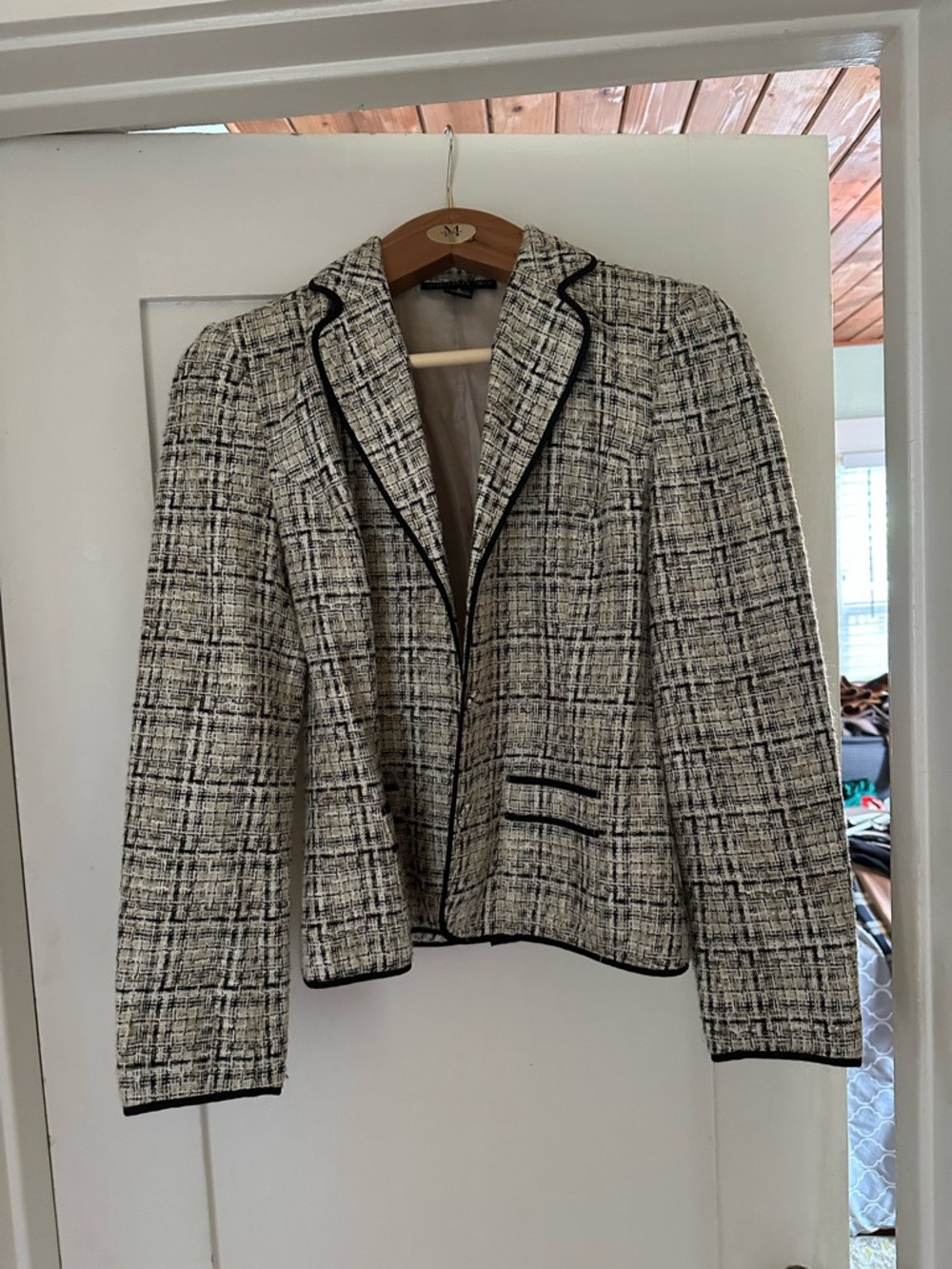 Black and White Tweed Blazer with Contrast Piping